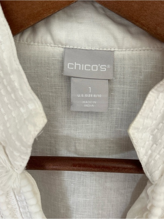 Chico’s White Linen Blend Embellished Kurta Tunic Top Pom Pom Trim Size 1 (M) - Picture 4 of 11